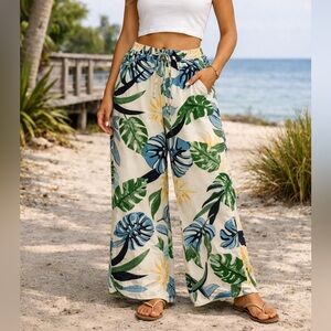 Alex & Parker Tropical Print Wide Leg Pants | Drawstring Waist | Size S